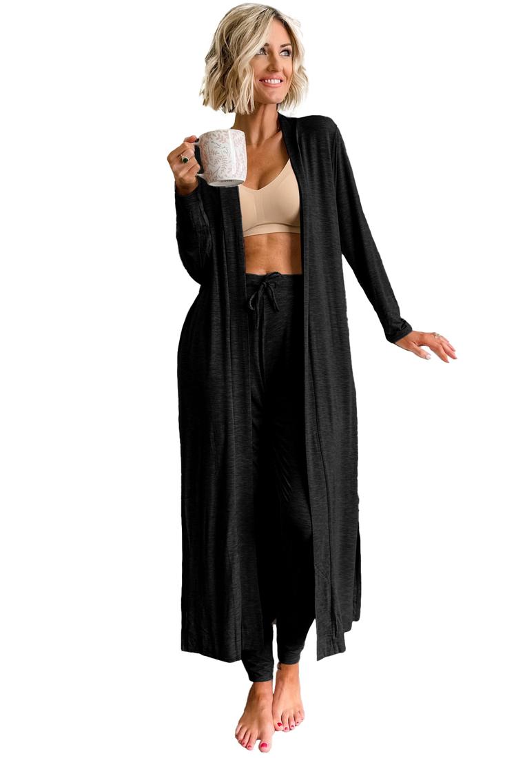 Azura Exchange Damen Lounge-Set mit langem Cardigan, weiches und bequemes Schlafanzugset für Damen in Schwarz Image
