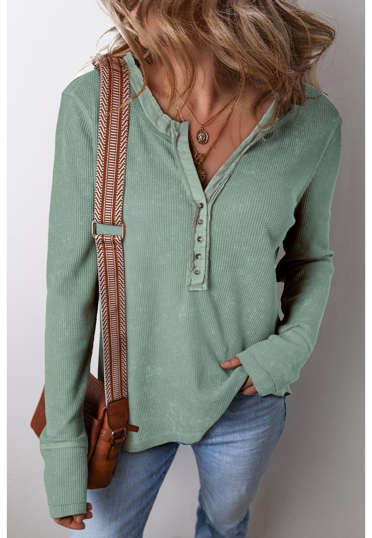 Azura Exchange Damen Waffelstrick V-Ausschnitt Langarm-Pullover Top Image