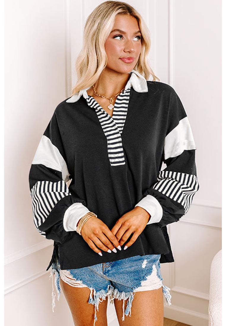 Azura Exchange Schwarzer Gestreifter Farbblock Patchwork Kragen Sweatshirt Image