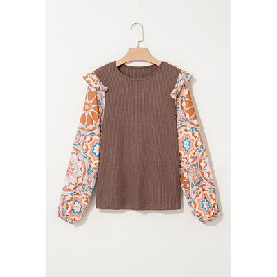 Azura Exchange Kaffee Rüschensaum Blumenmuster Patchwork Waffelstrick Rundhalsbluse Image