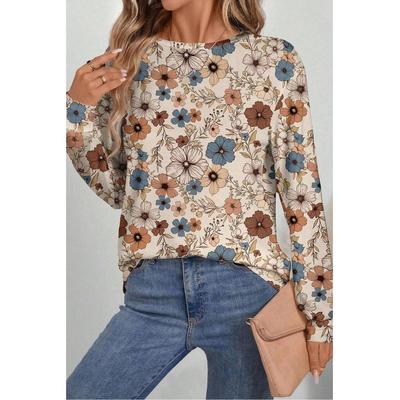 Azura Exchange Khaki Blumendruck Lockeres Crew-Neck Langarm-T-Shirt Image