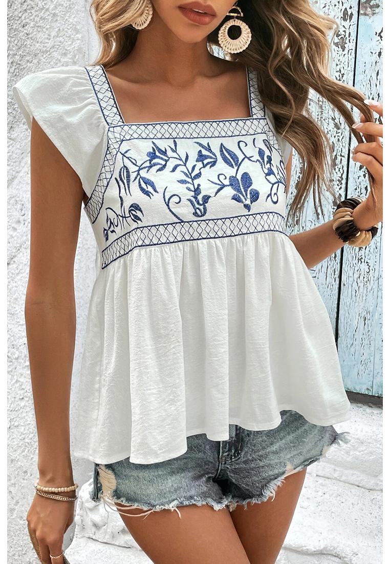 Azura Exchange Weiße Bestickte Bustier Bluse mit Quadrat-Ausschnitt und Peplum Image
