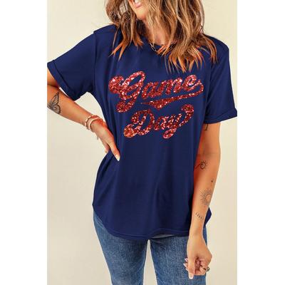 Azura Exchange Blaue Glitzernde Spieltag Grafik Cuff Ärmel Crew Neck T-Shirt Image