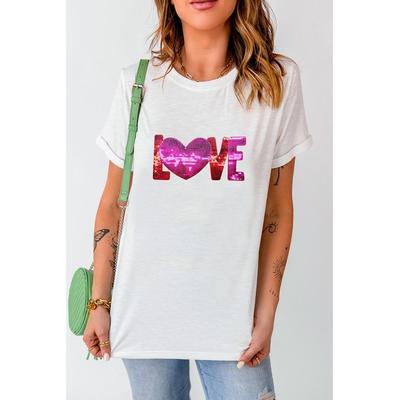 Azura Exchange Weißes Herz LIEBE Gepatchtes Muster Rundhals Valentines T-Shirt Image