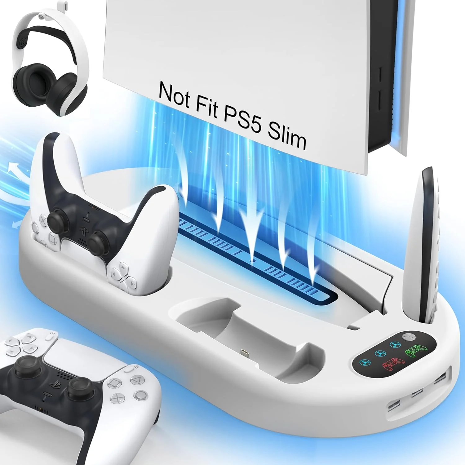 Für PS5/PS5 Slim Stand mit Kopfhörerhaken, Kühlständer und Controller-Ladestation für PS5 mit 3-stufigem Lüfter Image