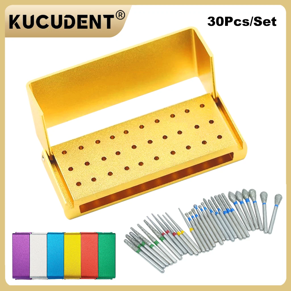 30 Teile/satz Dental Burs Kit Mit 30Pcs Bohrer High Speed Handstück burs Halter Bunte Aluminium Halter Bohrer Desinfektion Block Image
