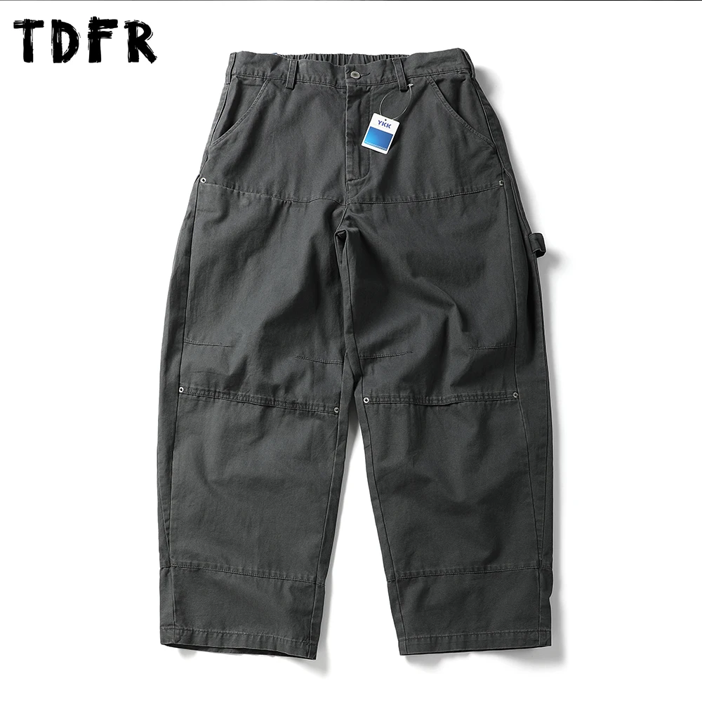 Gewaschene Taschen-Cargohose für Herren, einfarbig, gespleißt, Safari-Stil, lockeres, weites Bein, lockere Zimmermannshose, Herrenhose Image