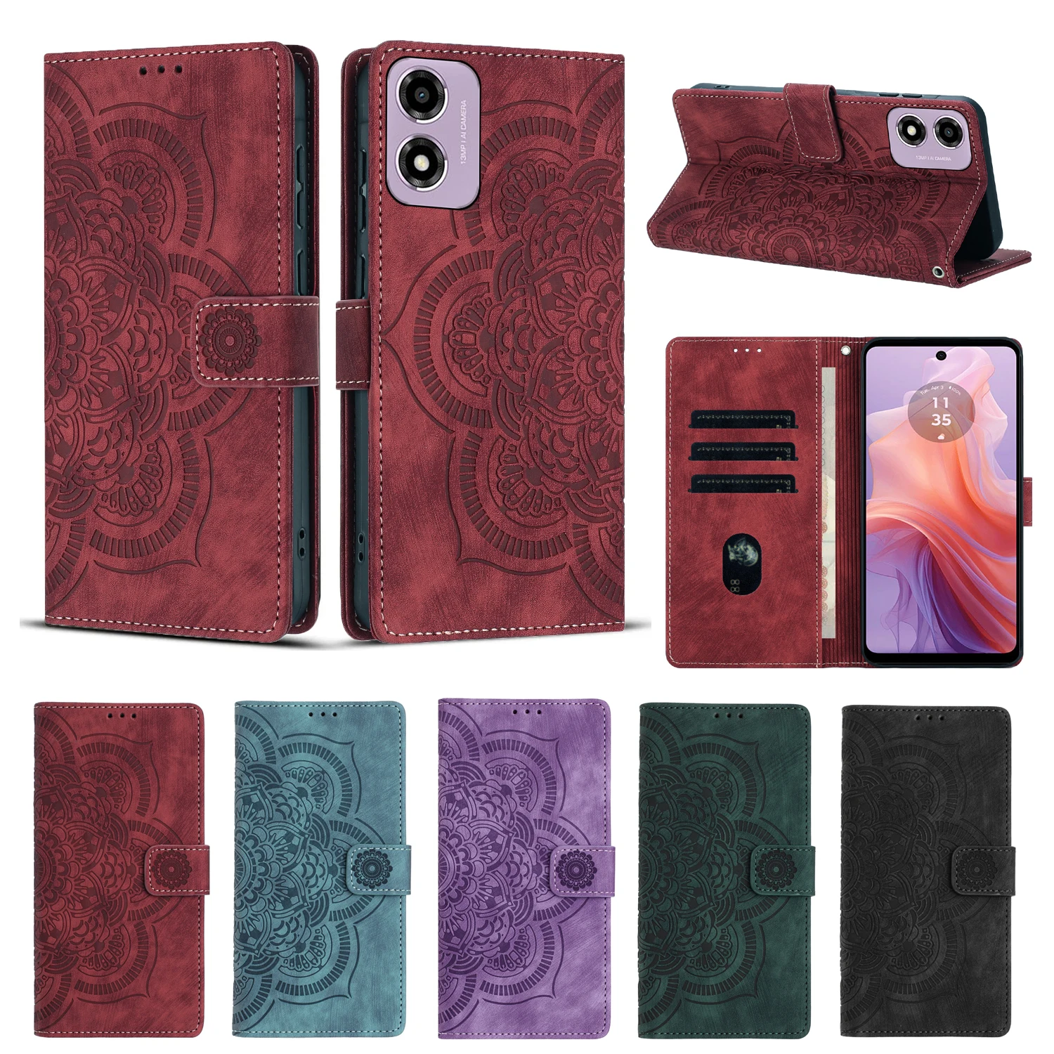 Leder Brieftasche Flip Fall Für Motorola Moto G04 G04S G05 G15 E14 4G E15 G34 G35 G45 G55 G75 5G Telefon Abdeckung Mandala Blume 5 Farbe Image