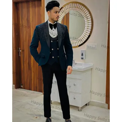 Navy Blue Crystal Men Suit 3 Pcs Blazer+Pants+Vest Groom Formal Office Jacket Coat Wedding Tuxedo