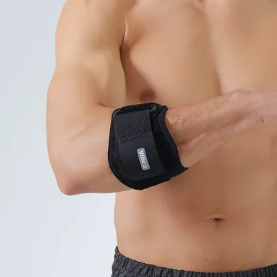 Tennis, badminton, golf, elbow protection, forearm support, compressible pad, adjustable elbow