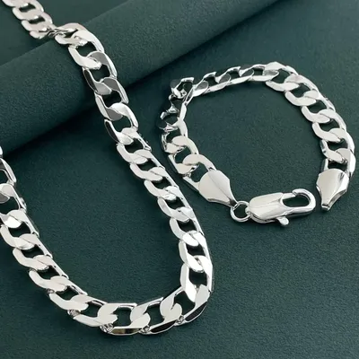 925 sterling silver 12MM side chain bracelet 23CM necklace jewelry set, suitable for men's daily