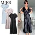 MUJER 2025 robe longue en Satin femme noir drapé robes mi-longues pour les femmes robes de soirée élégantes pour femmes à manches courtes Chic robe féminine