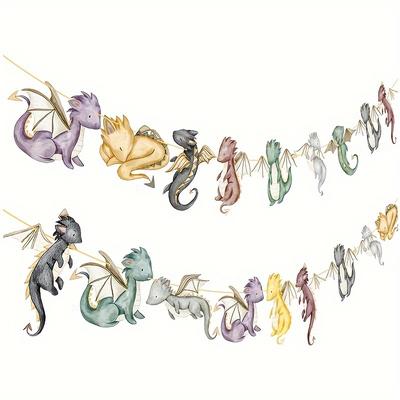 TEMU 2pcs Whimsical Watercolor Dragon Banners - Colorful Paper Cutouts For Fantasy & Dinosaur Themed Parties, Ideal For Birthday & Shower Decorations Image