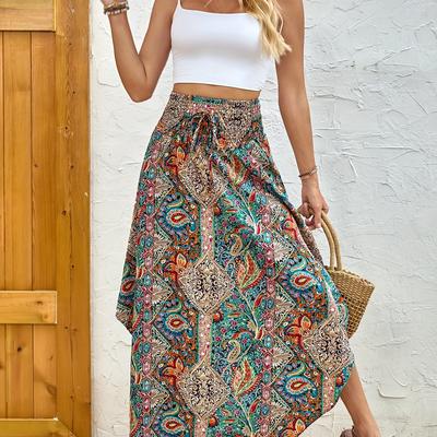 TEMU Paisley Print Shirred Waist Skirt, High Waist Curved Hem A-line Tie Skirt For , Women's Clothing Image