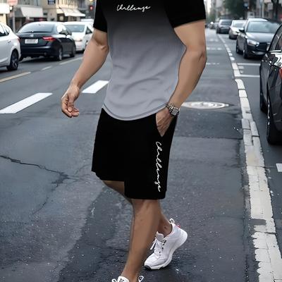 TEMU Men'-piece Set Sports Round Neck Short Sleeve T-shirt And Drawstring Shorts, Summer Suit Mixed Color Gradient Men's Casual Clothing Image