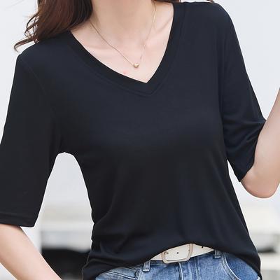TEMU Women's Viscose T-shirt With Quarter Length Sleeves, Casual Solid Color Knit Fabric Top With Regular Fit V-neck - Summer Collection Image