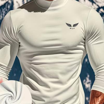 TEMU Men's Fly Warm High Neck Athletic Top - Stretchy, Elastic, Thermal Underlayer With Winged Logo, Ideal For Cold Weather Sports & Casual Wear, Winter Fitness Apparel Image