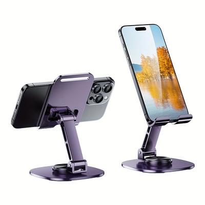TEMU 360° Rotating Phone Stand, Universal Iron Desktop Holder For Live Streaming, Video Recording, Photography, Adjustable & Foldable Multi-functional Support For Tablets & Smartphones Image