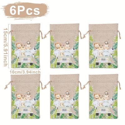 TEMU 6pcs Wild 1 Jungle Animals Linen Candy Bags With Tropical Leaf Design - Drawstring Gift Pouches For 1st Birthday & Party Favors, Theme, Birthday Decorations Image