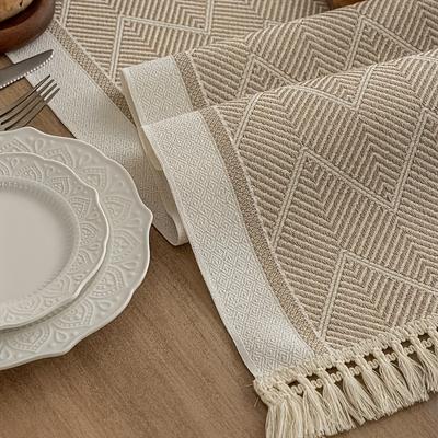 TEMU 1pc Brown Striped Woven Polyester Table Runner With Tassels - Rectangular Tablecloth For Home, Party, Hotel, Restaurant Decor - Valentine's Day, Easter, Wedding Celebrations Image