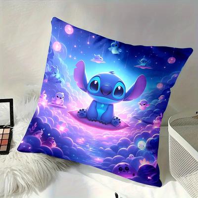 TEMU 1 Stitch Decorative Pillow Cover - Vibrant Animation Design, Soft Polyester Knit, Modern Zipper Closure, Machine Washable, Ideal For All Room Types Image