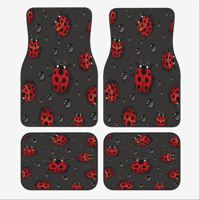 TEMU Pack Of 4 Cute Red Ladybug Pattern Car Floor Mats - Absorbent, Non-slip, Washable Polyester Floor Mats For Cars, Suvs And Trucks - Perfect Gift For Image