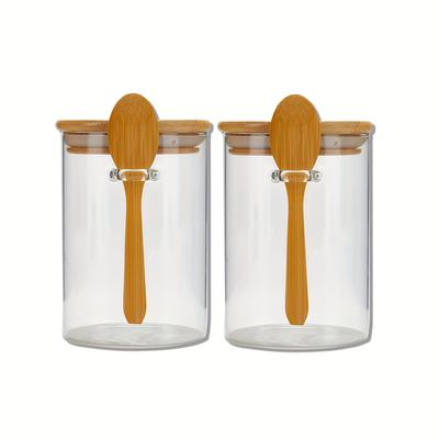 TEMU 2/4pcs High Borosilicate Round Glass Jars With Bamboo Lids And Spoons, Overnight Oats, Coffee Beans, Sugar, Spices, And Homemade Drinks Image