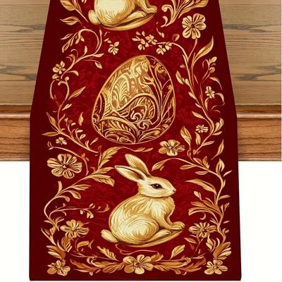 TEMU 1pc Easter Bunny & Colorful Floral Table Runner, Polyester 100% Woven Rectangular Tablecloth, Dining Decor, Home & Outdoor Decoration, Restaurant Table Decor Image