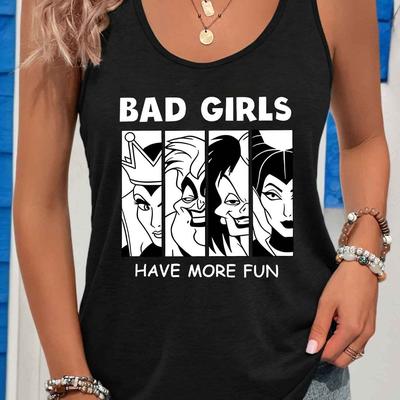 "TEMU " Bad Fun" Women's Sleeveless Tank Top - Red Casual Round Neck, Lightweight Polyester Knit, Summer Fashion Vest With Iconic Cartoon Characters Design, Cartoon Tank Top" Image