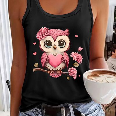 TEMU Day & Pink Floral Owl Print Tank Top, Summer & Spring Sleeveless Casual Tops, Women's Image