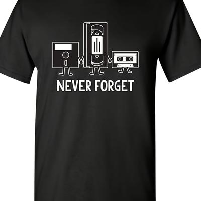 TEMU Men's Retro Cassette Vhs Game Pattern T-shirt - 100% Cotton Loose Fit Black Short Sleeve With 'never ' Design, Machine Washable Casual Top For Casual Attire, Gamer T Shirt