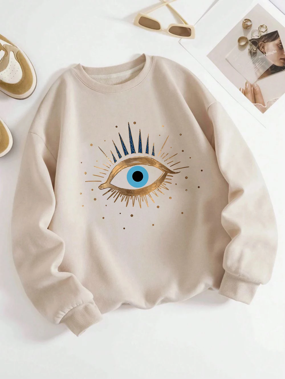Casual Womens Sweatshirt Vintage Devil's Eye Prints Pullover Soft Breathable Loose Crewneck Hoodie Autumn Winter Female Clothing