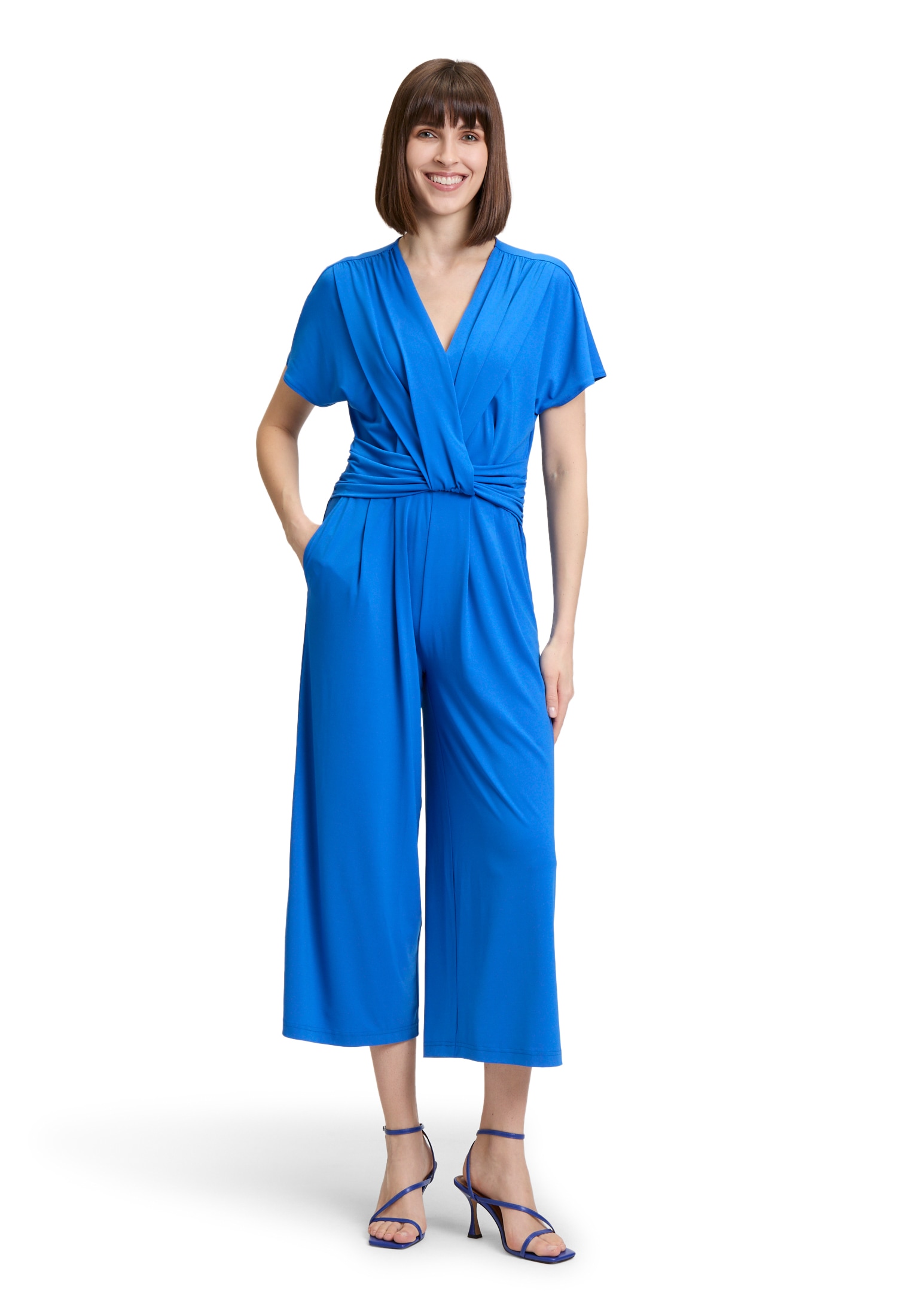 Overall BETTY BARCLAY "Damen mit Eingrifftaschen", Damen, Gr. 46, Normalgrößen, blau (mittelblau), Jersey, Obermaterial: 95% Polyester, 5% Elasthan, figurumspielend, V-Ausschnitt, Overalls Overall, Form