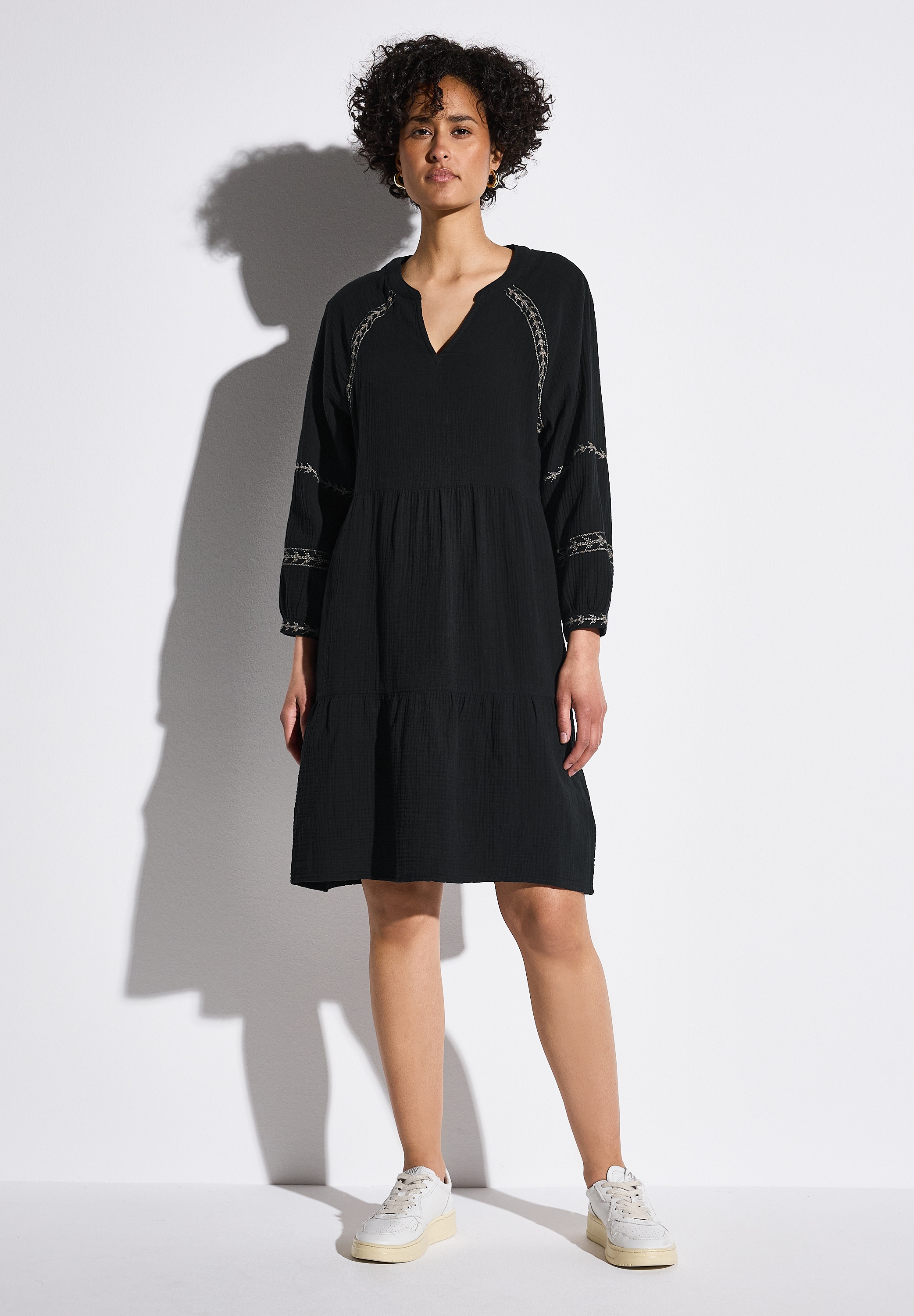 Tunikakleid STREET ONE, Damen, Gr. 40, EURO-Größen, schwarz, Web, 100% Baumwolle, unifarben, normal knieumspielend, Rundhals, Bündchen, Kleider, aus 100% Baumwolle