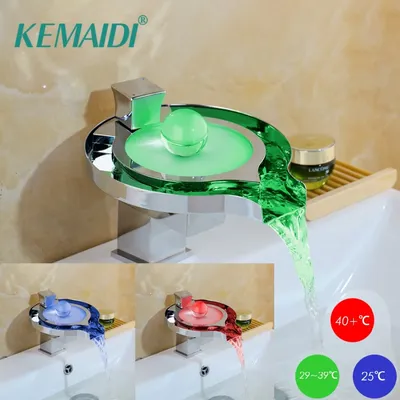 KEMAIDI Bathroom Basin Faucet Polished Chrome LED Waterfall Spout Sink Mixer Cold Hot Water Tap