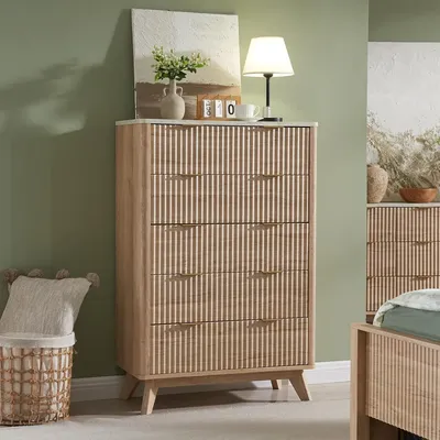 Fluted 5 Drawers Dresser, 48" Tall Modern Chest of Drawers with Faux Marble Top, Curved Profile