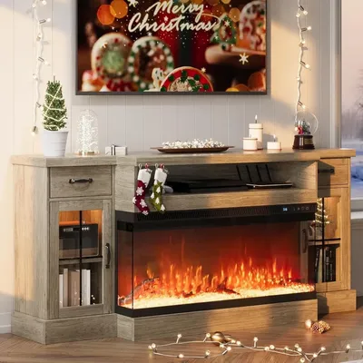 Farmhouse Fireplace TV Stand with 40" Electric Fireplace for 80" TV, 70" Entertainment Center, TVs