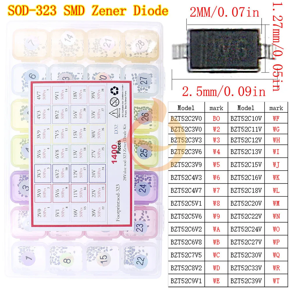1400 pz 28 Valore SOD-323 Kit Diodi Zener SMD 2.0 V 3 V 3.9 V 4.3 V 4.7 V 5.1 V 6.8 V 7.5 V 8.2 V 10 V 12 V 15 V 18 V 20 V 22 V 24 V 30 V 33 V 39 V
