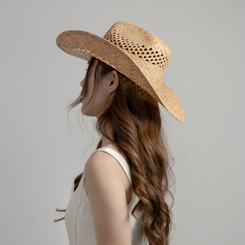 Unisex-Sommer-Sonnenhüte, natürliche Strohhüte, hohler, handgewebter Bast-Cowboyhut, zwei Größen erhältlich Image