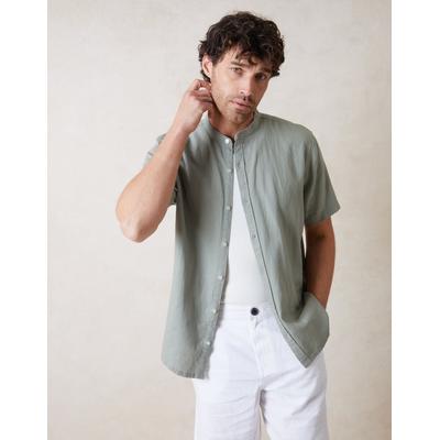 Threadbare Men's Sage Green Grandad Collar Linen Blend Short Sleeve Shirt
