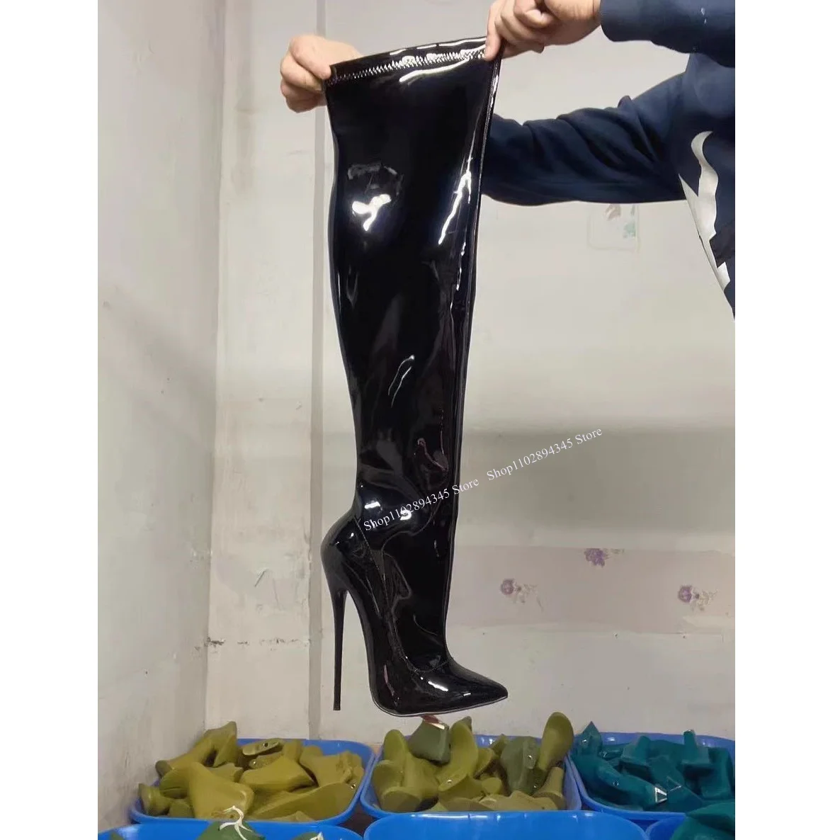 Schwarz Glitter Leder Kniehohe Stiefel Thin High Heel Spitz Mode Sexy 2025, Winter Große Größe Frau Schuhe Zapatillas Mujer