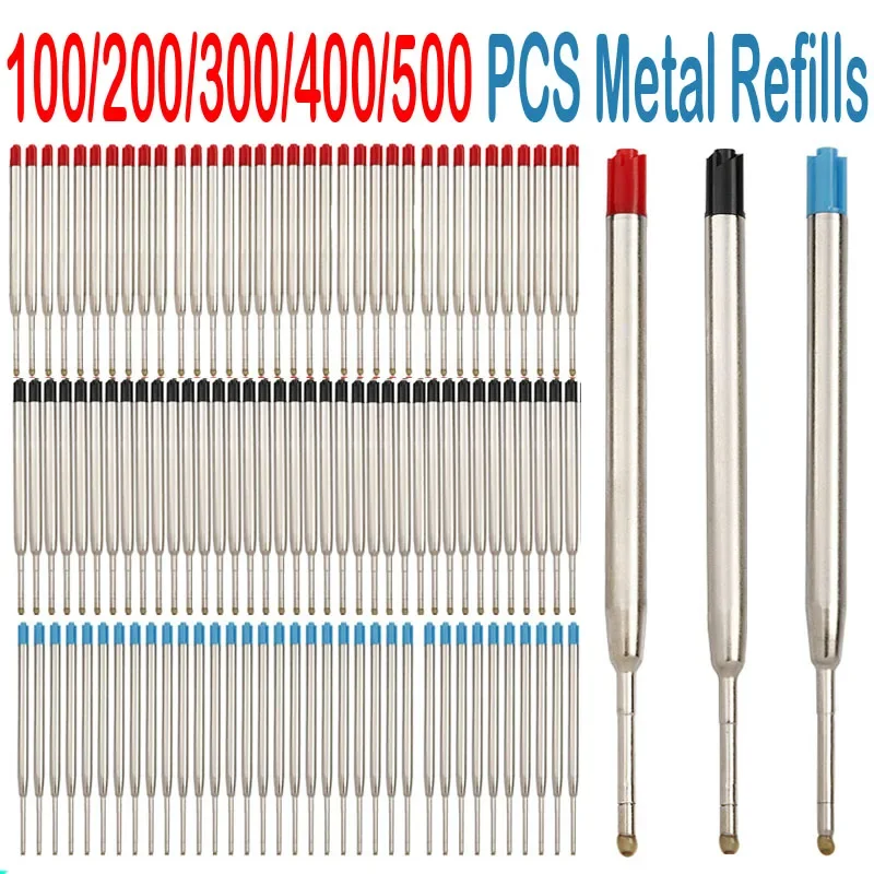 100/200/300/500 Stück Metall-Kugelschreiberminen mit blauer und schwarzer Tinte, mittlere Tintenroller-Nachfüllung, Schule, Bürobedarf, Schreibwaren Image