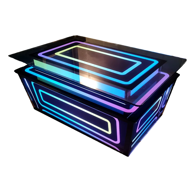 KTV-Couchtisch, siebenfarbig, leuchtend, verdicktes gehärtetes Glas, Clubhaus, Weinbar, spezieller Sofa-Kartensitz, Edelstahltisch