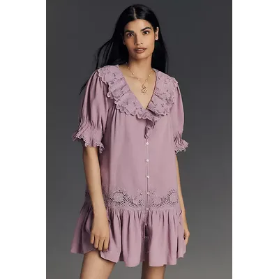 By Anthropologie Linen Puff-Sleeve V-Neck Tunic Mini Dress