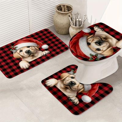 TEMU Christmas Dog-themed Bathroom Rug Set - 3pcs, Non-slip & Machine Washable Floor Mats For Kitchen, Bathroom, Bedroom - Includes Bath Mat, Contour Mat, And Toilet Lid Cover Image