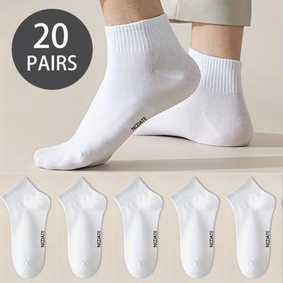 TEMU 20pcs Men's Breathable Low-cut Athletic Socks - Versatile Black, White, Gray With Letter Print, Sweat Absorbent Polyester Blend, Fit For Sports, Leisure & Business Casual, Us Sizes 6-11 Image