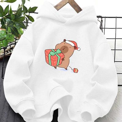 TEMU 's Casual Hoodie With Cute Capybara Christmas Print, 100% Polyester Knit Fabric, Regular Fit Hooded Sweatshirt For 12 And Under, Fall/winter Cozy Pullover With Stretch, Gift Image