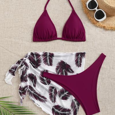 TEMU Women' Morandi Color Bikini Sheer Skirt Set, High Waisted Bikini Set Image