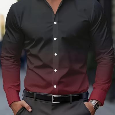 TEMU Men's Plus Size Casual - Geometric Print Long Sleeve Button-up With Contrast Red Accents, Machine Washable Regular Fit For Office & Casual Attire, Plus Size Image