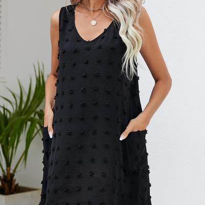 TEMU Women's Beach Cover-up, V-neck Loose Tank Top With Pockets And Pom-pom Embroidered T-shirt Dress. Image